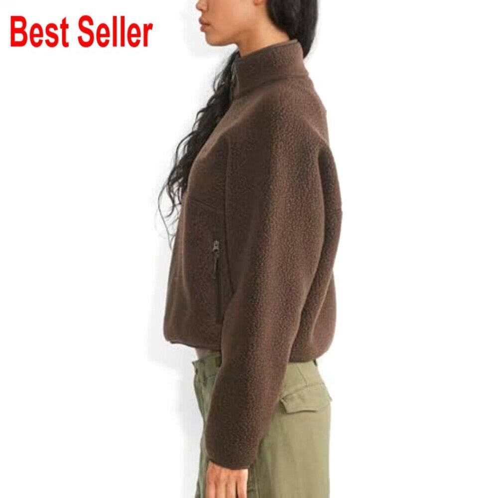 Cropped Half-Zip Sherpa Fleece Pullover with Pockets, Women's Oversized Hoodie - Picture 3 of 7